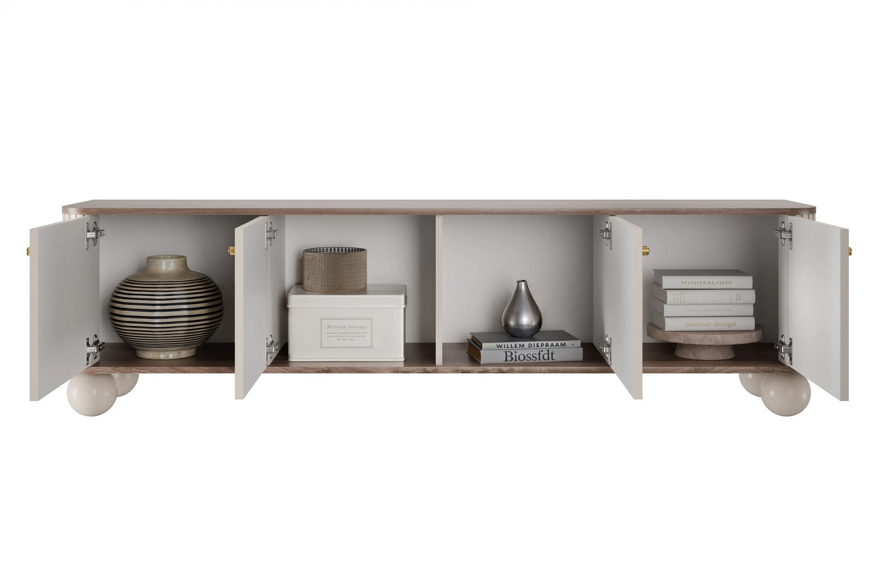 Szafka RTV 4-drzwiowa VESPER RTV 187 ryflowany front cashmere orzech złote uchwyty nogi kule - B_163744