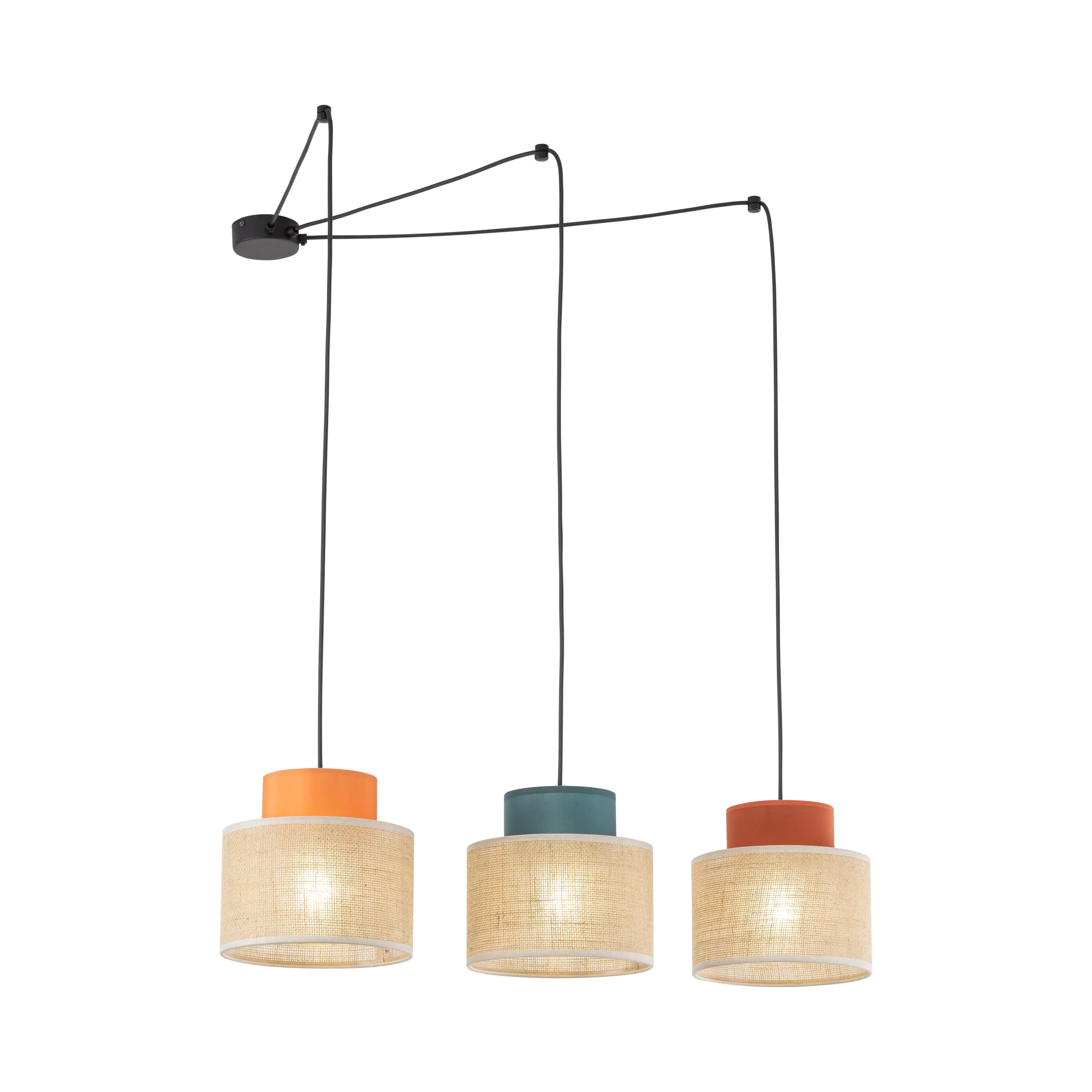 Lampa wisząca DUO JUTA MIX czarna z brązowymi kloszami z tkaniny różnokolorowe ceglane pomarańczowe niebieskie elementy dodatkowe podwieszenia 120x100x80cm - TK_3140