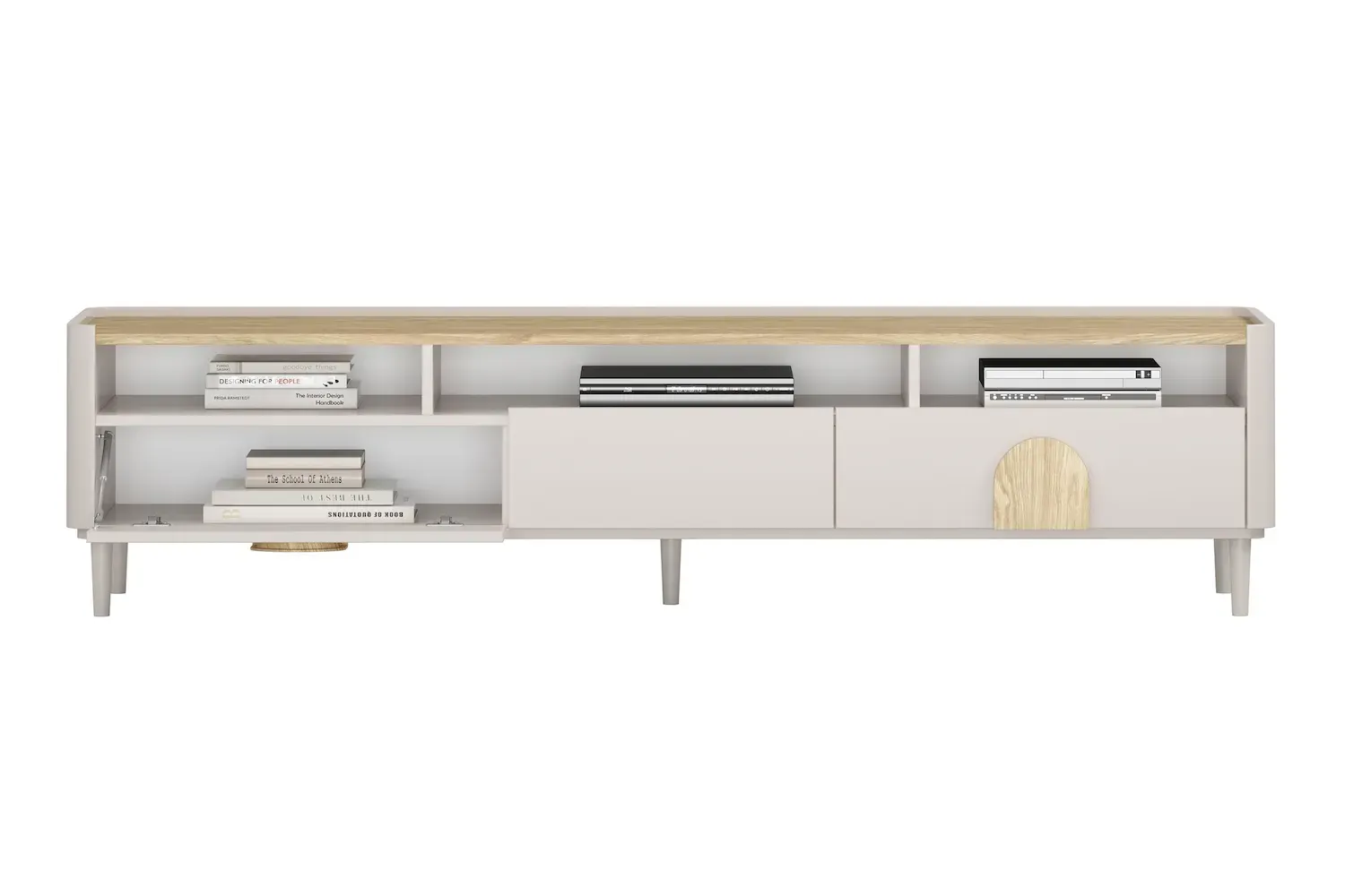 Szafka RTV z klapą i 2 szufladami AMILIO 200 - cashmere dąb olejowany uchwyty dąb jasny nogi cashmere - B_169221