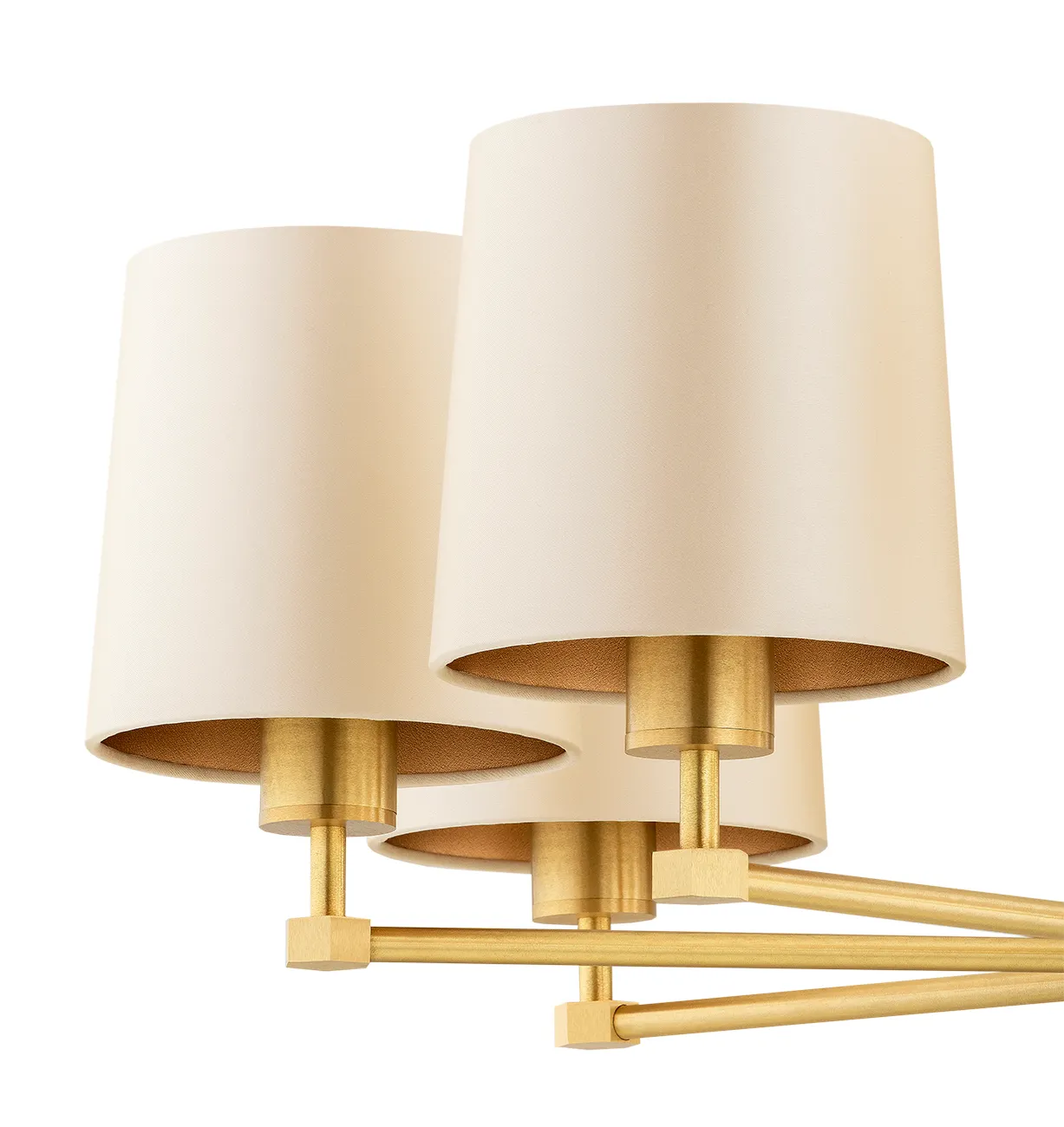 image lampa wisząca, kolor złoty, trójąta oprawa, tkanina abażurowa, metalowa konstrukcja