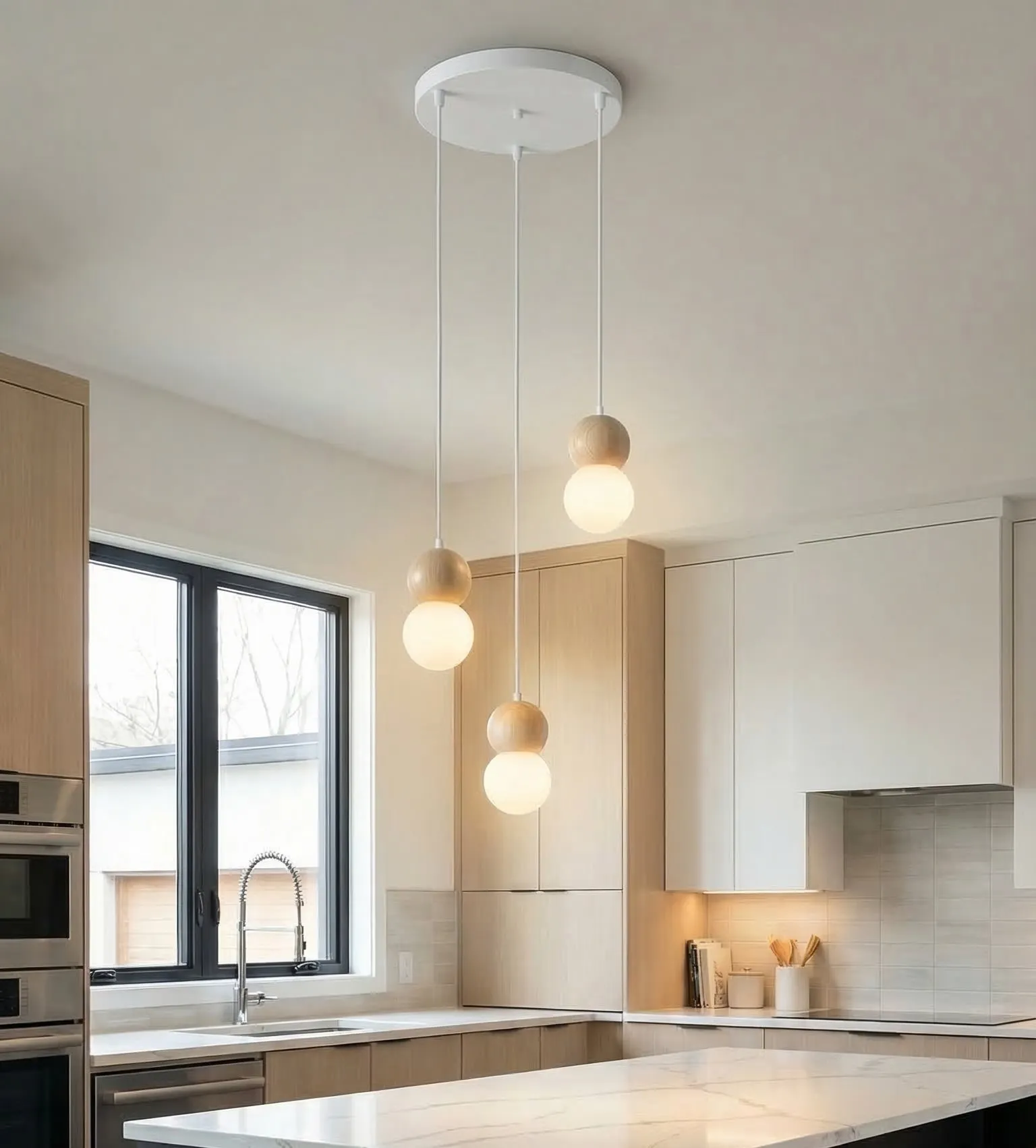 image lampa wisząca, kuleczki, kuchnia, drewniane elementy, półmis wiszące światło