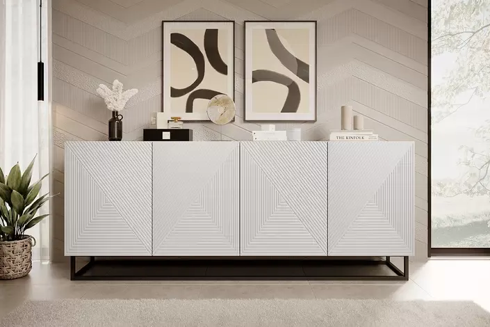 Komoda 4-drzwiowa ASHA 200 4D - biały mat - czarny stelaż - ryflowany front - B_52088