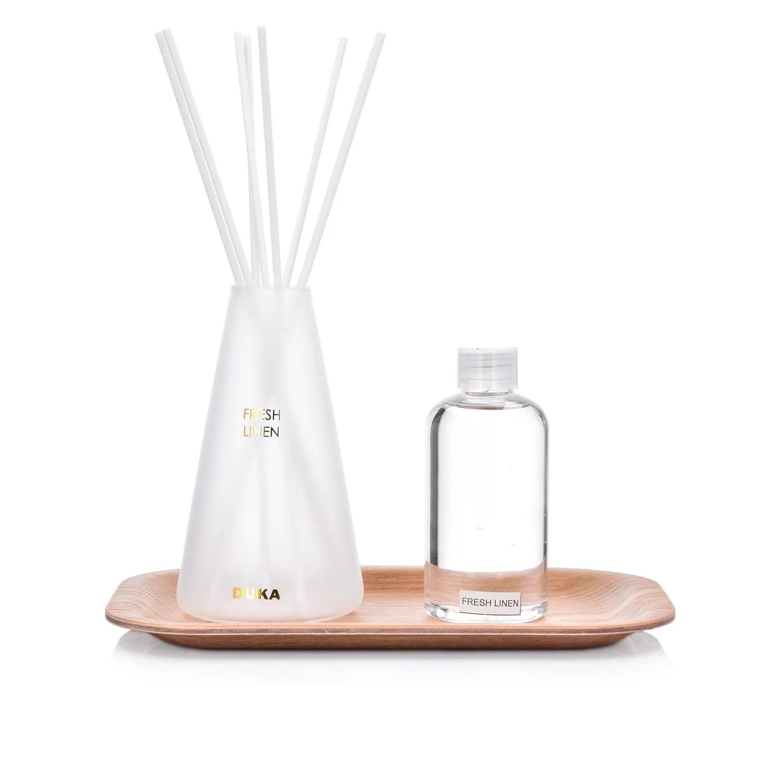 image reeds diffuser, linen diffuser, glass bottle, wood tray, fragrance set