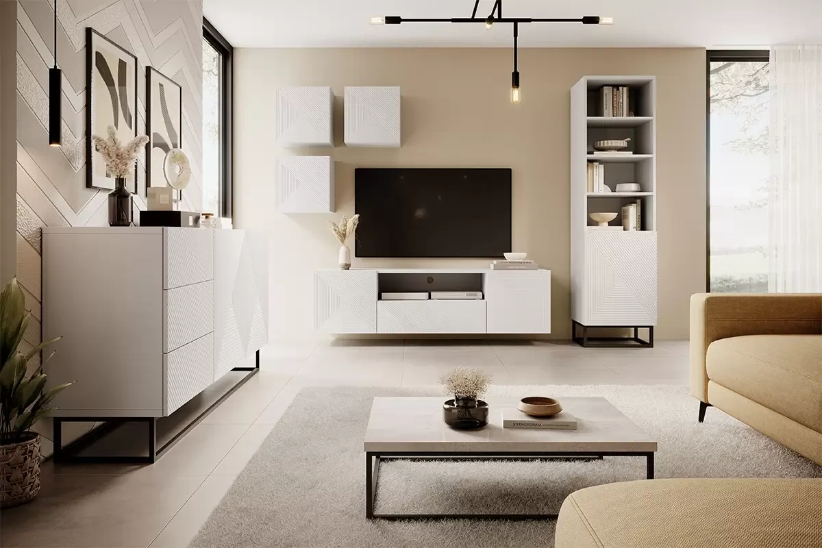 Regał ASHA 50 1D - biały mat - czarny stelaż- ryflowany front - B_149629