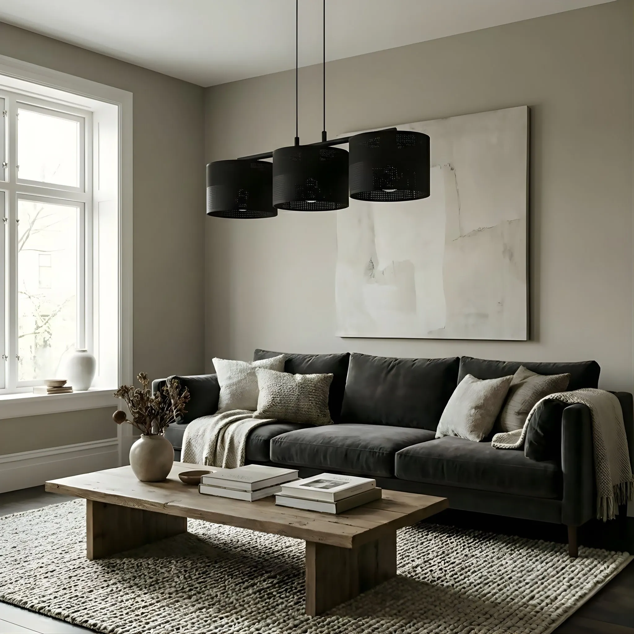 sofa, living room, coffee table, artwork, curtains?