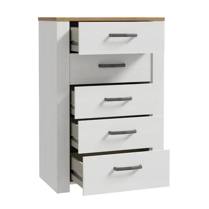 Komoda wysoka z 5 szufladami CHISBURY - dąb riviera, modrzew jasny sibu - BHLK311-M482