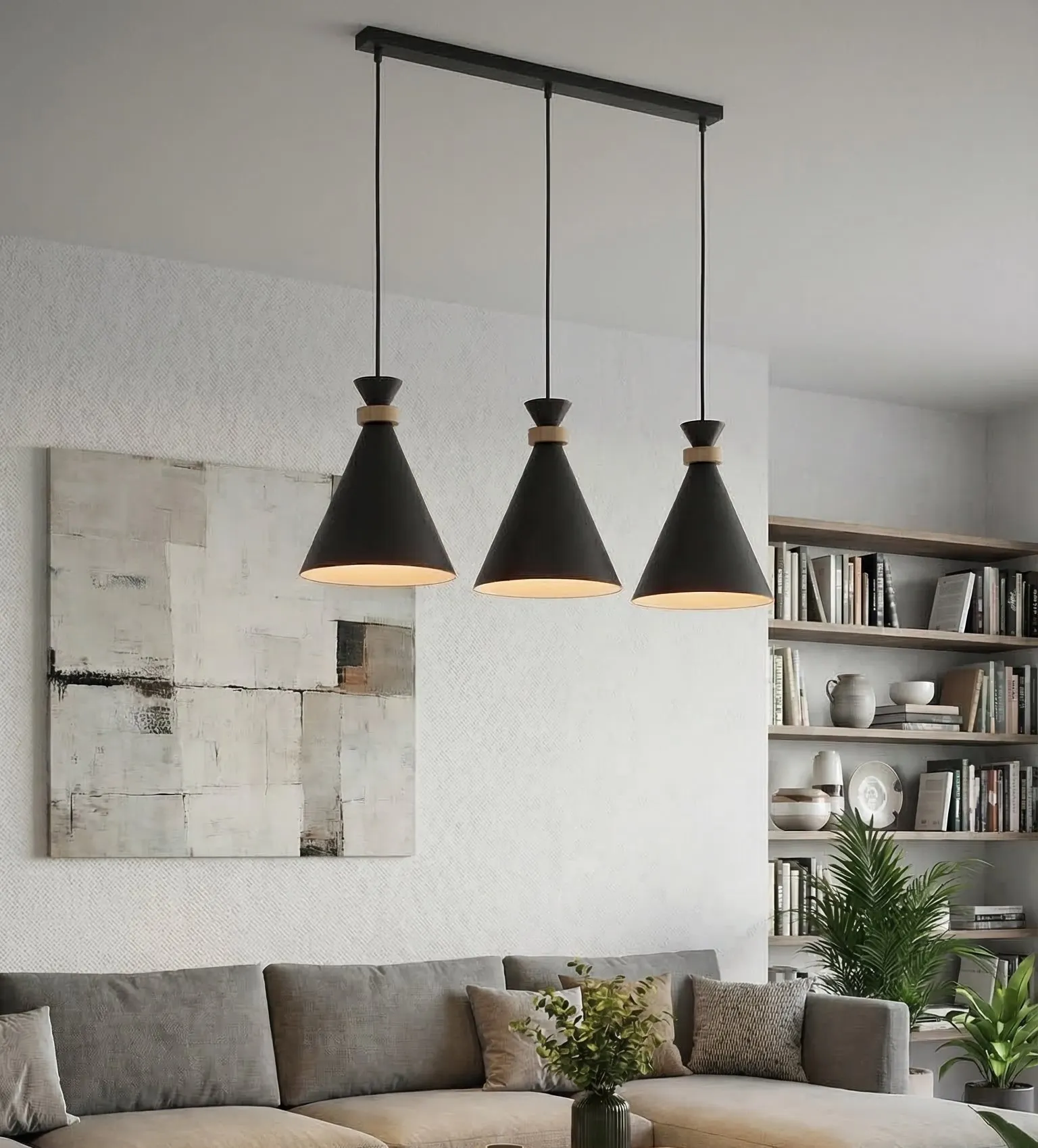 image lampa wisząca, trzy klosze, czarna, industrialny design, salon
