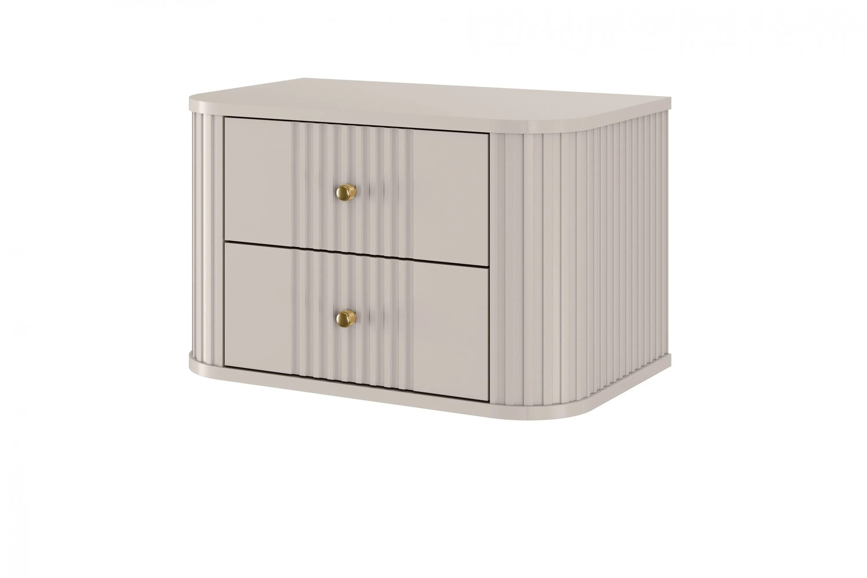 Szafka nocna wisząca z 2 szufladami VESPER 56 zestaw 2 sztuk ryflowany front cashmere cashmere złote uchwyty - B_163832