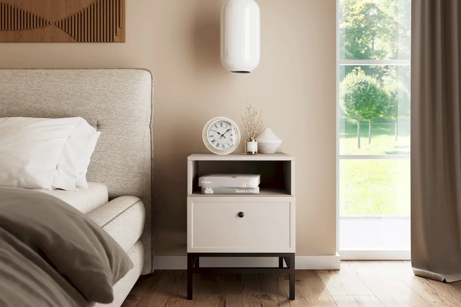 Szafka nocna z szufladą i półką LORINI 45 - cashmere gałka czarna stelaż czarny - B_166684