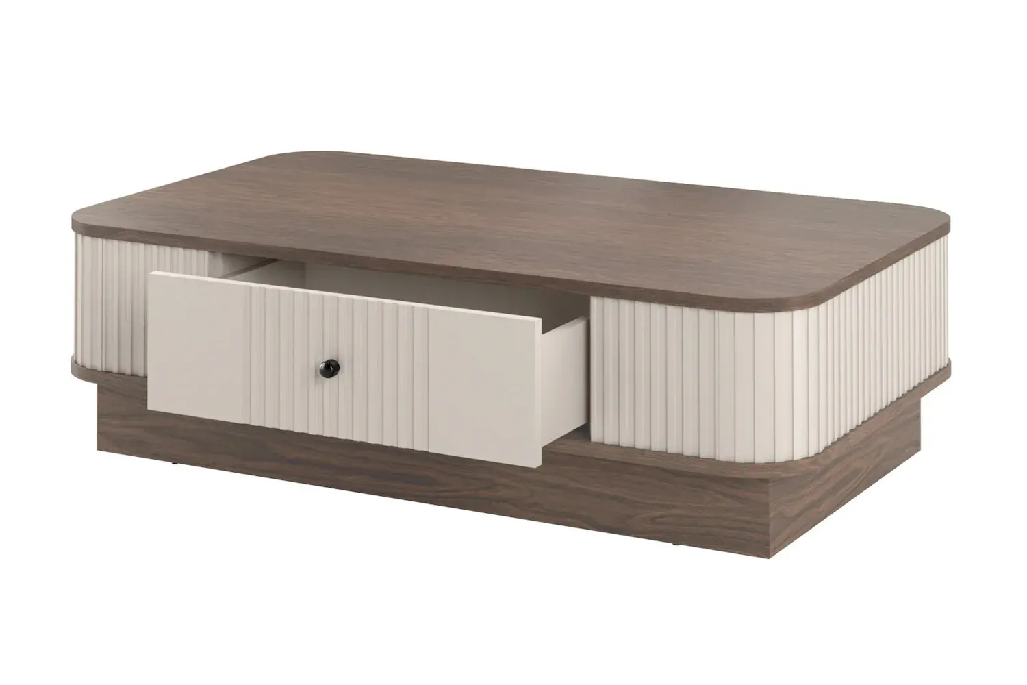 Stolik kawowy z szufladą VESPER ryflowany front - cashmere orzech czarny uchwyt cokół - B_169462