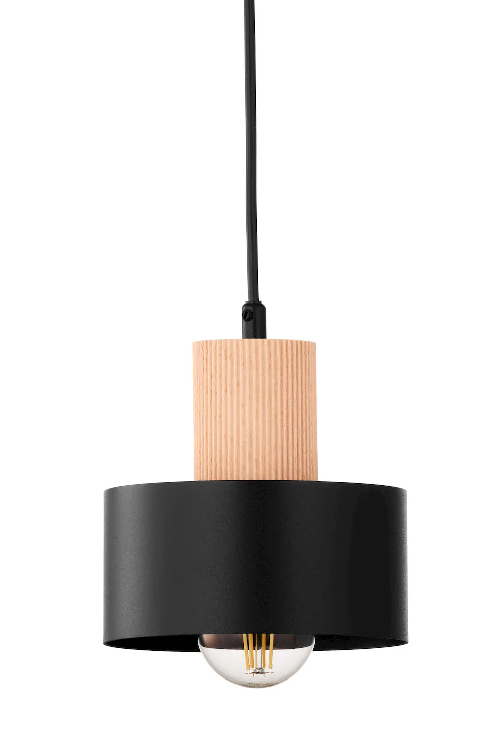lampa wisząca, metalowa obudowa, drewno naturalne, żarówka E27, czarna lampka