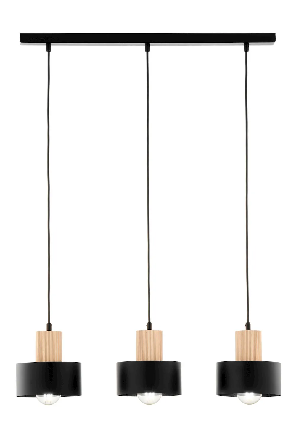 lampa wisząca, trzy żarówki, czarna kielichowa, drewniany element, kabel zawieszany