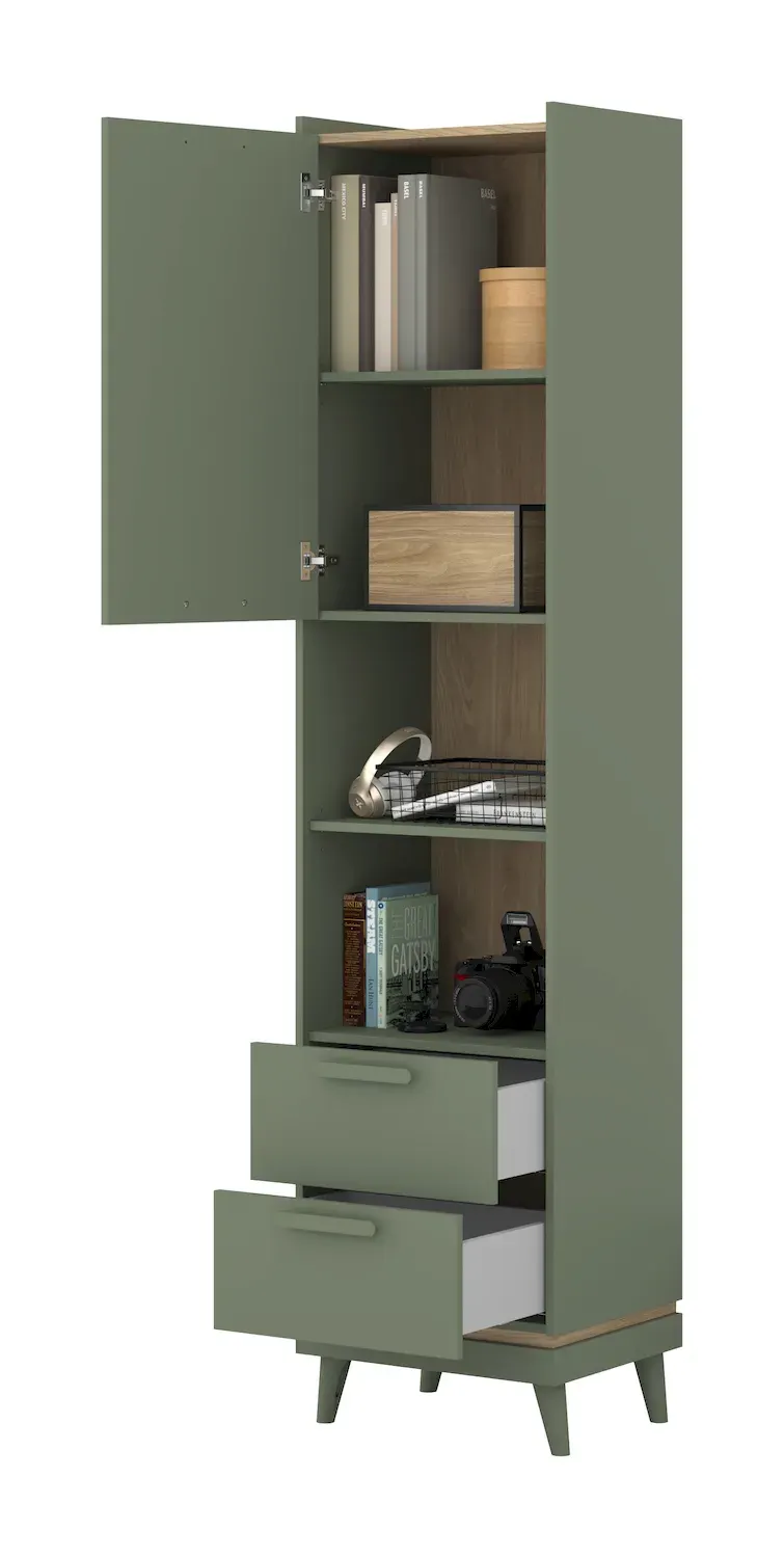 Regał 1-drzwiowy z 2 szufladami SCANDI 88 zielony-dąb olejowany - 24GDOH88