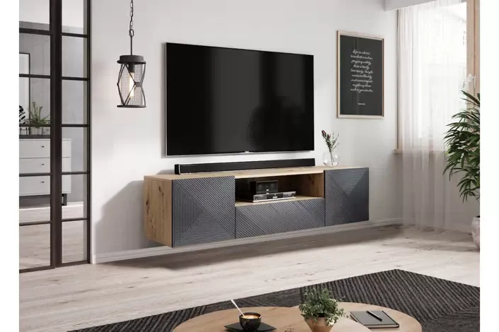 Szafka RTV ASHA 167 - szara - dąb artisan - ryflowany front - czarny stelaż — zdjęcie 5