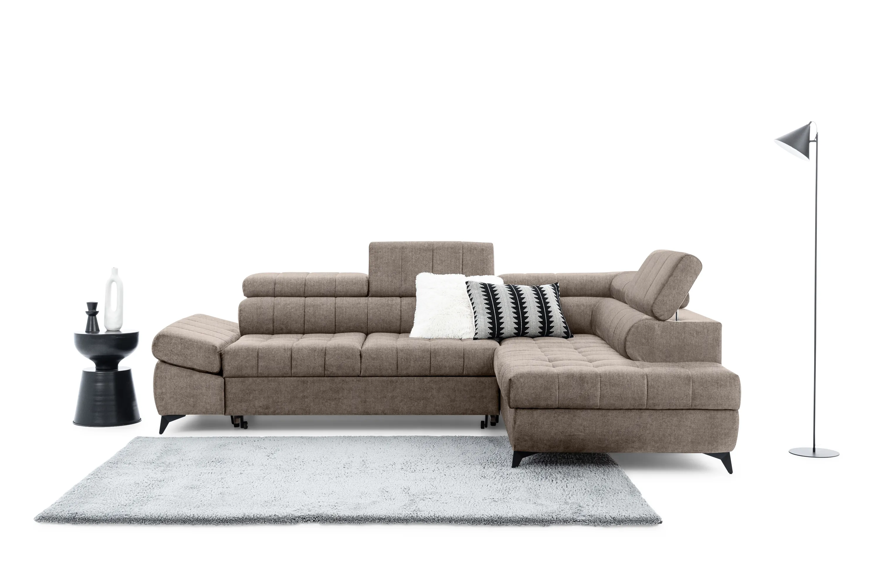 Narożnik prawostronny VALORIS L regulowane zagłówki i podłokietniki tkanina Vogue 4 brązowy - B_162916