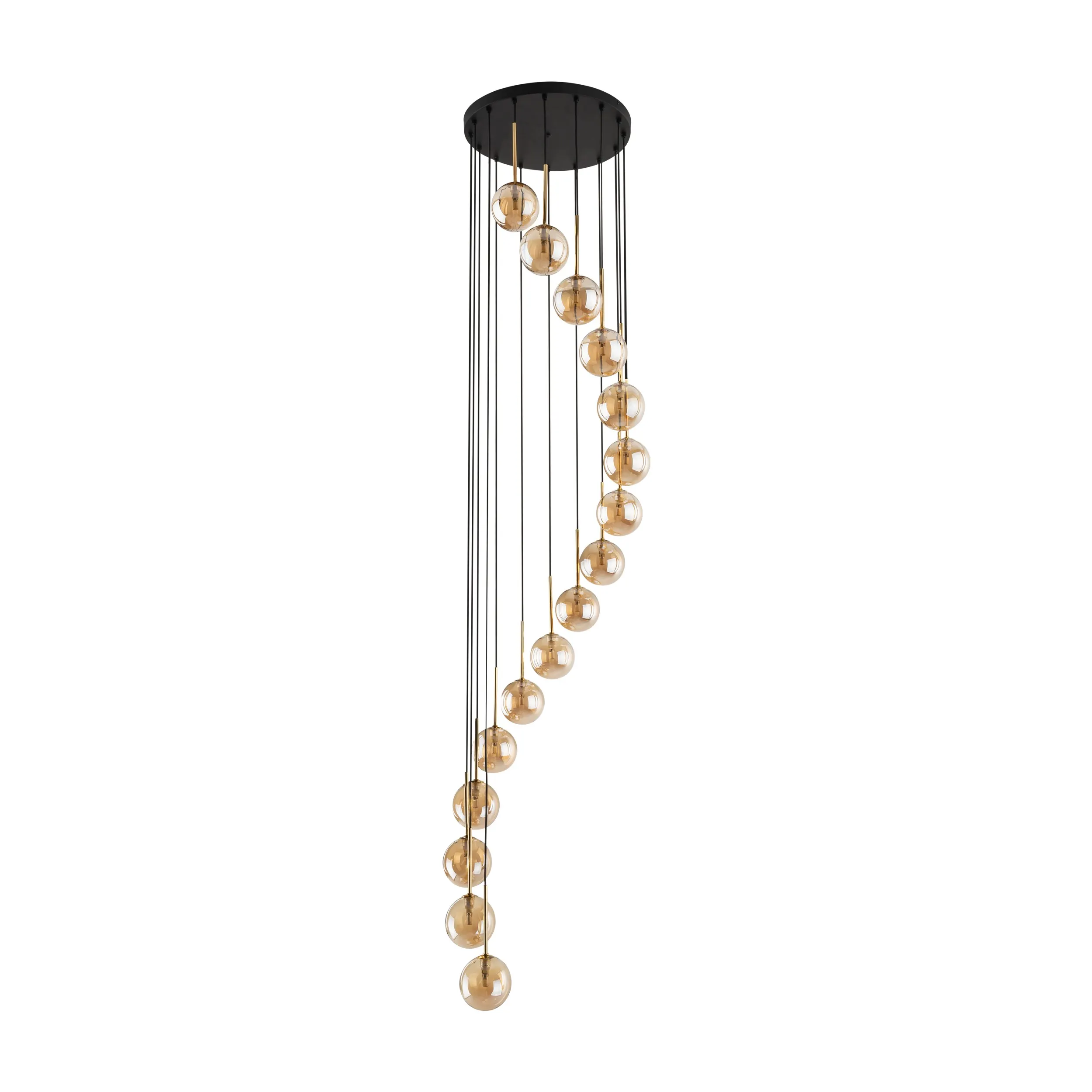 Lampa wisząca AURORA czarna ze złotymi elementami 16 bursztynowymi szklanymi kloszami 220x50cm