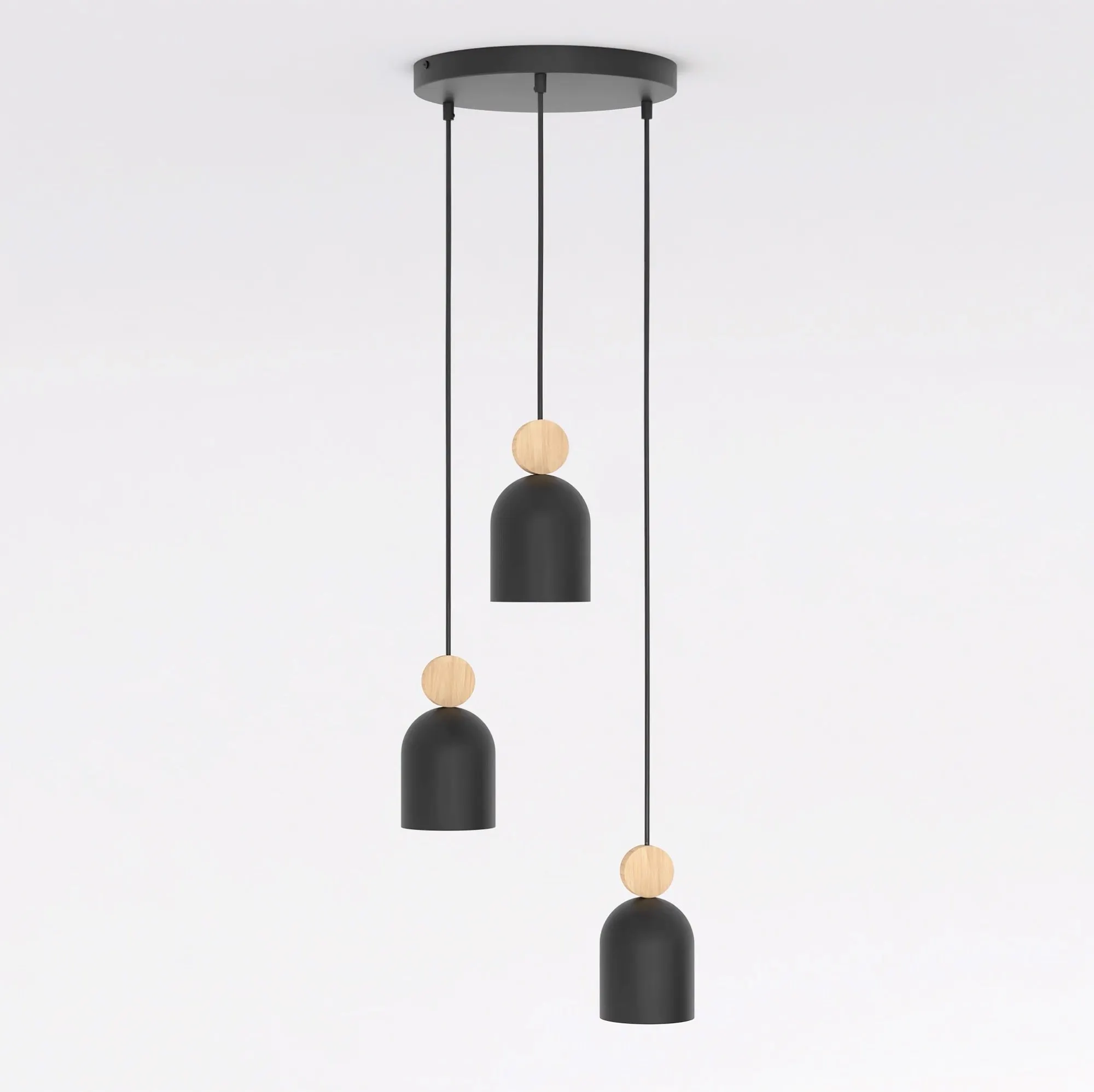 lampa wisząca, podwieszana, czarna, drewniany element, trzy punkty zawieszenia