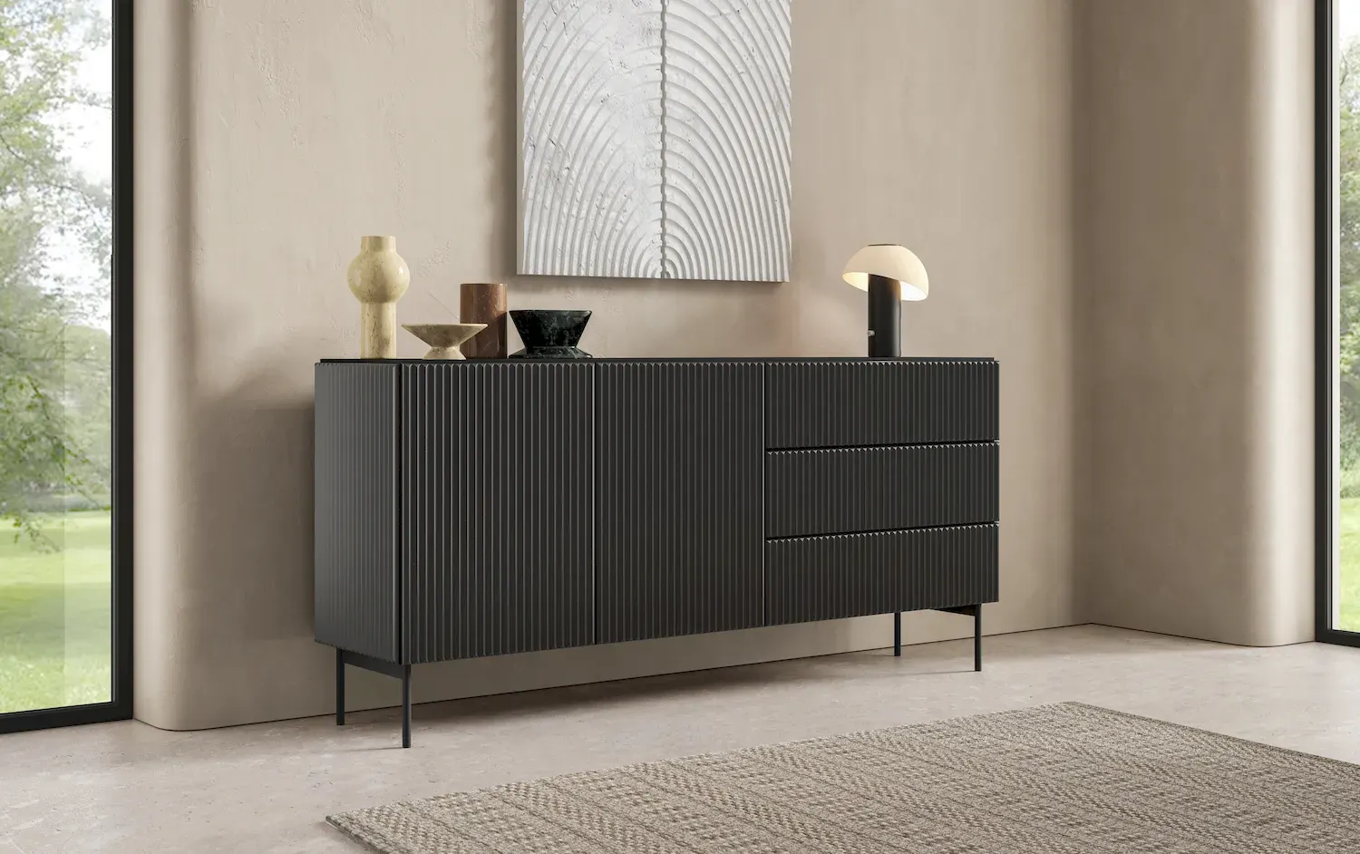 Komoda 2-drzwiowa z 3 szufladami MUTI 177 ryflowany front czarna - LA_MUTI_KOMODA_177_2D3S_CZARNY