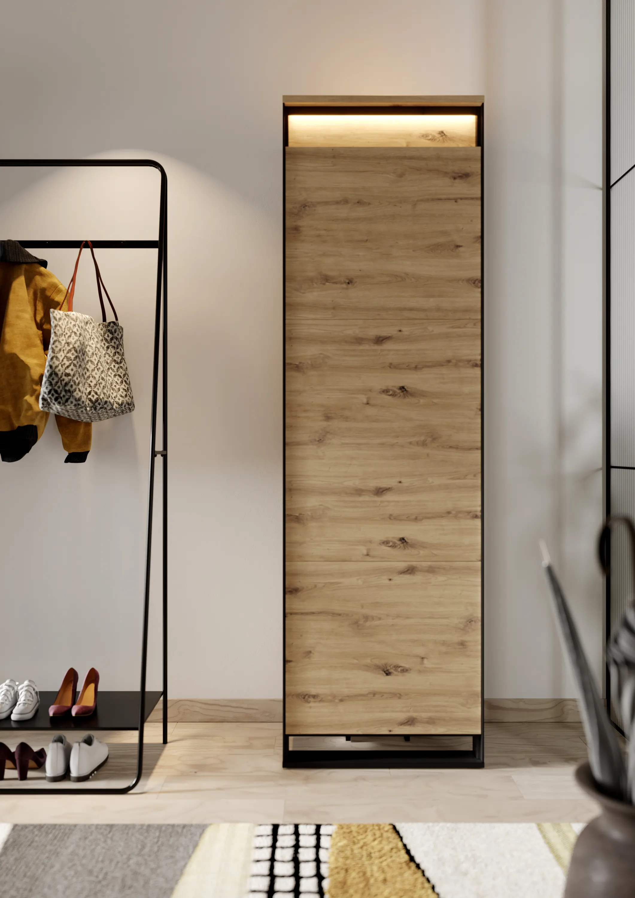 Szafa 1-drzwiowa 60cm LED Quant QG-01 dąb artisan/czarna - QG1DAC