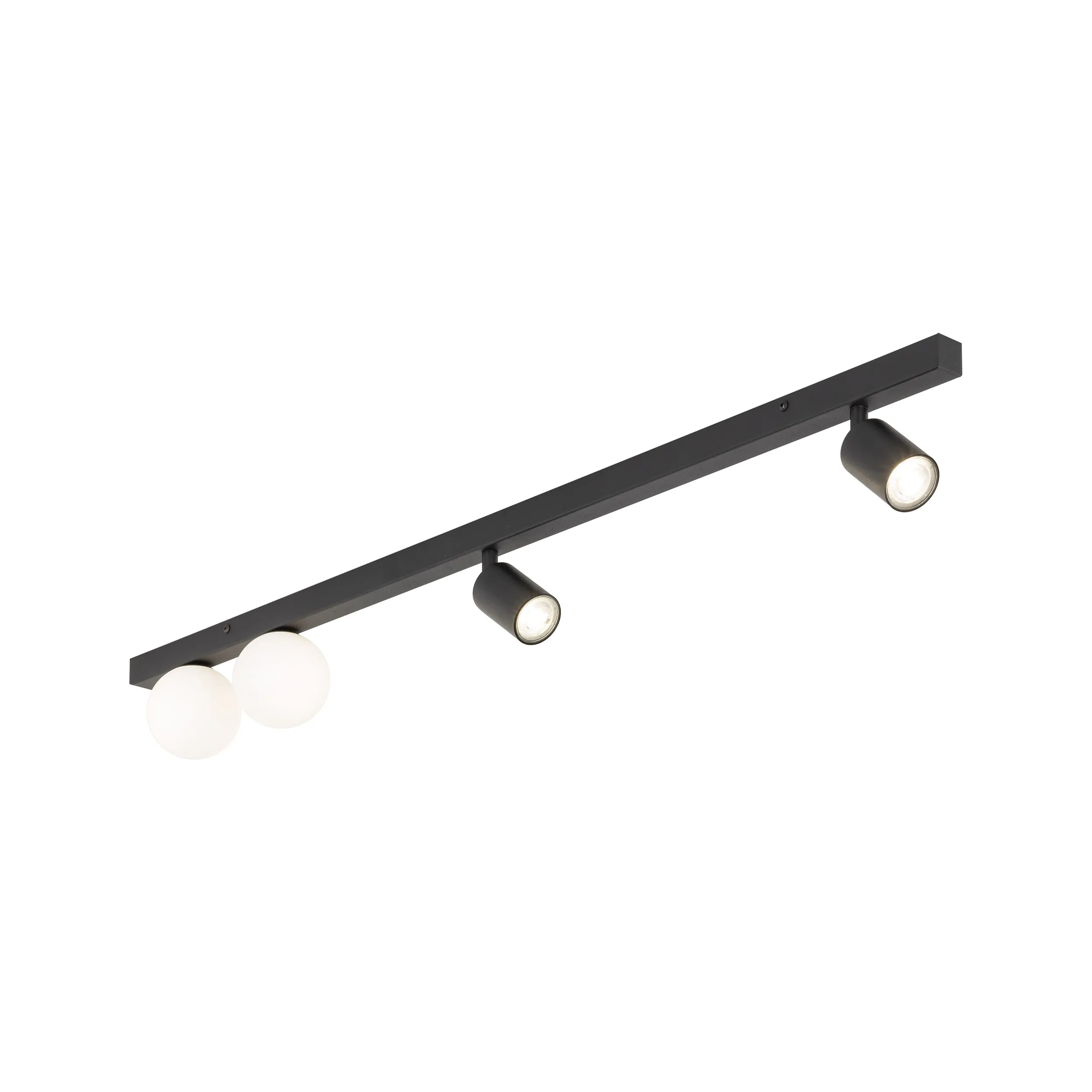 Lampa sufitowa VOX czarna z regulowanymi halogenami oraz białymi okrągłymi szklanymi kloszami 115x15x14cm - TK_10002