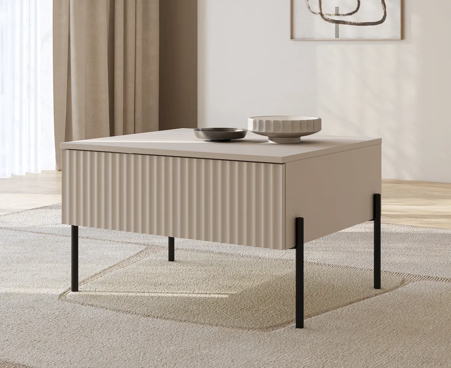 Stolik kawowy z szufladą ORE 61x70 cm ryflowany front kaszmir czarne nóżki - 24KROG98