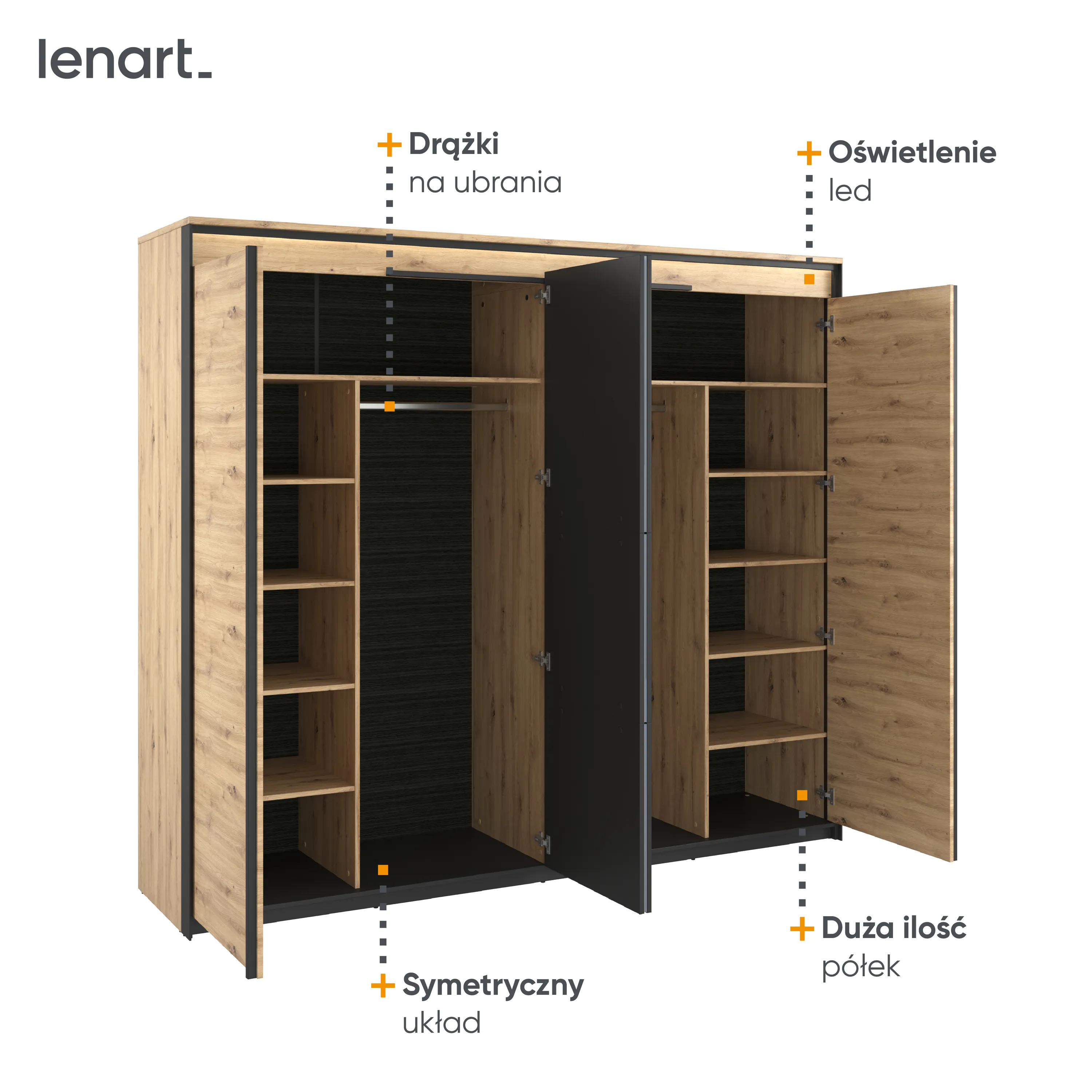 Szafa 4-drzwiowa z lustrem LED Quant QS-05 250cm dąb artisan/czarny - QS5DAC