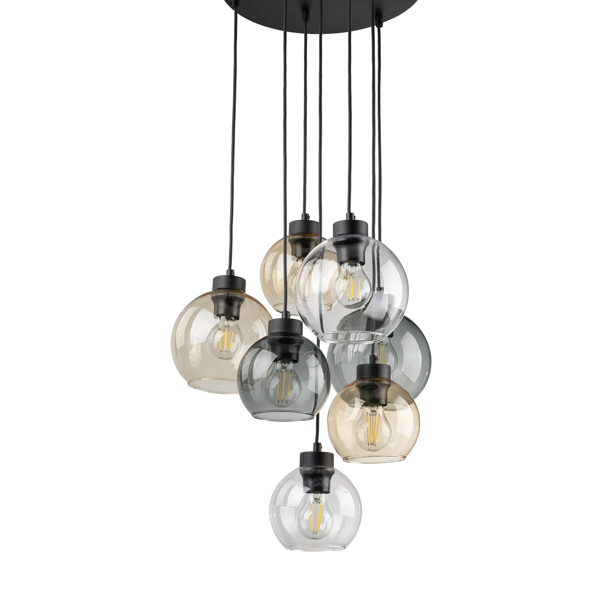 Lampa wisząca CUBUS czarna mix okrągłych szklanych kloszy transparentnych przyciemnianych bursztynowych 140x49cm - TK_10246