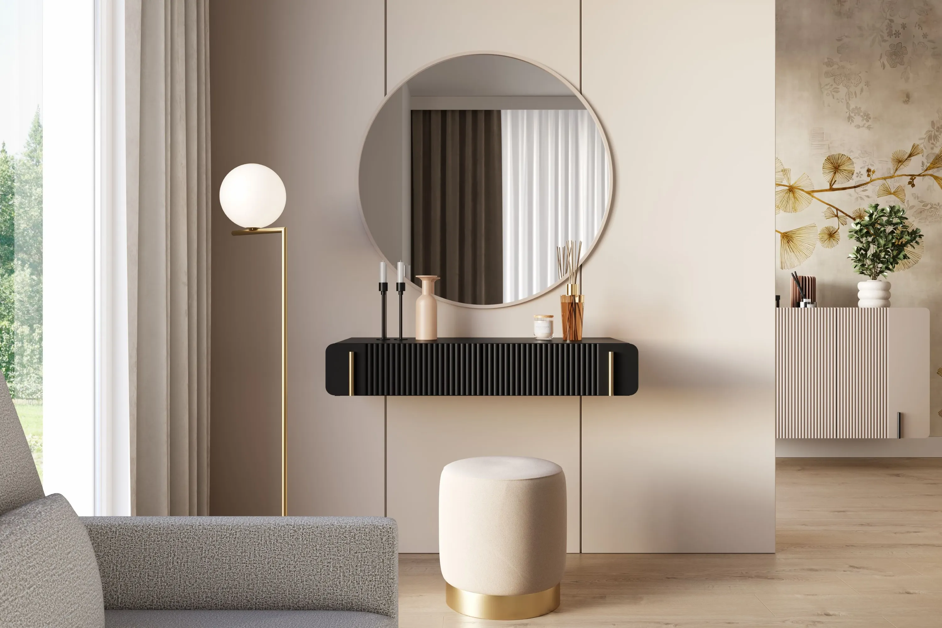 Toaletka wisząca z 2 szufladami MALMI ryflowany front 100cm - czarna - złota - B_166960