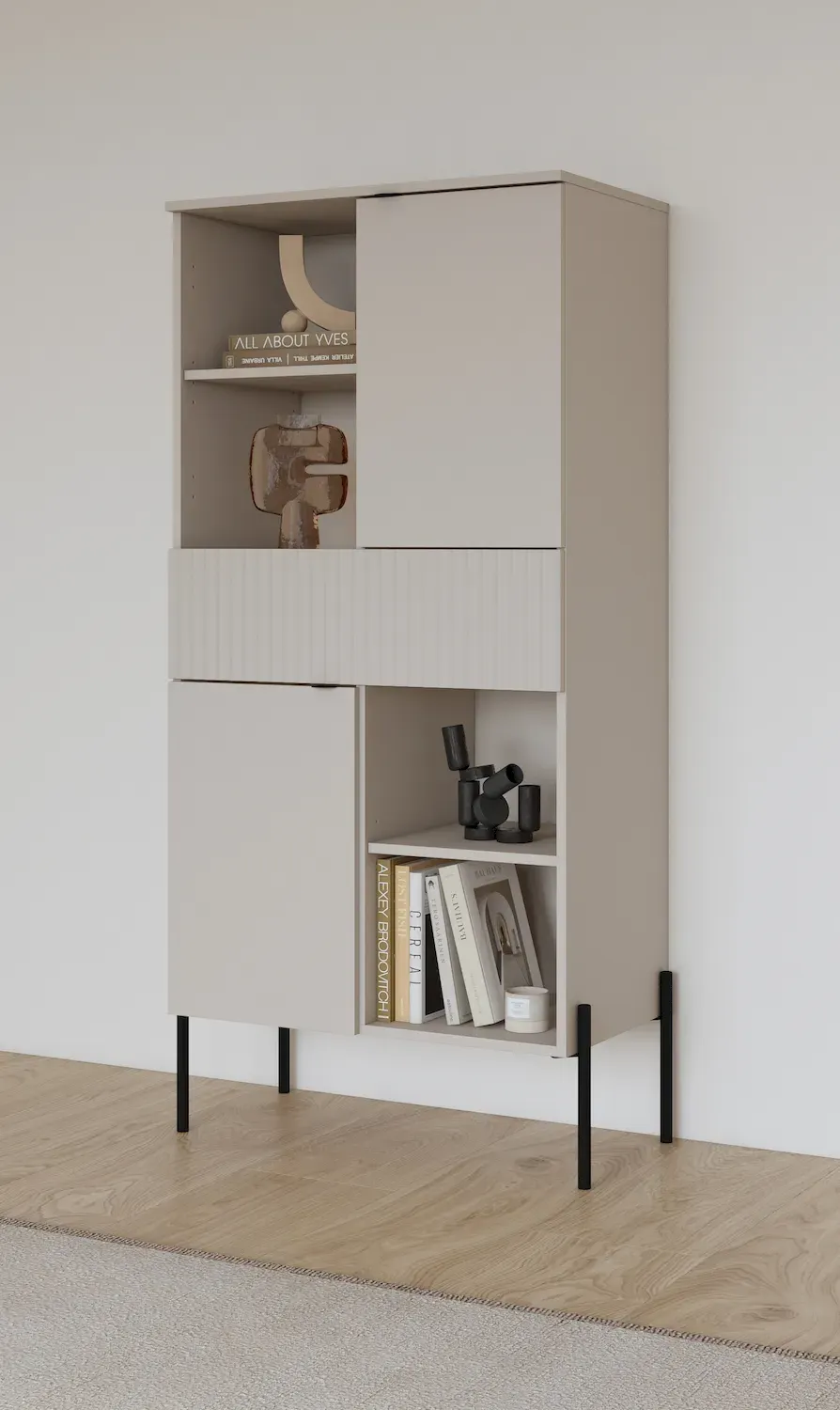 Komoda wysoka 2-drzwiowa z szufladą ORE kaszmir ryflowany front czarne nóżki - 24KROG42