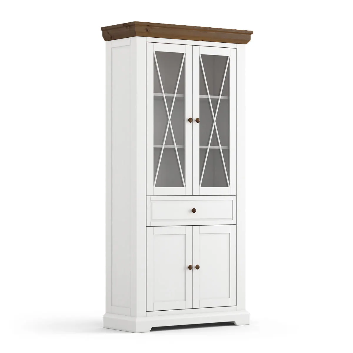 Witryna MARONE ELITE 4-drzwiowa z szufladą - biała, tabacco