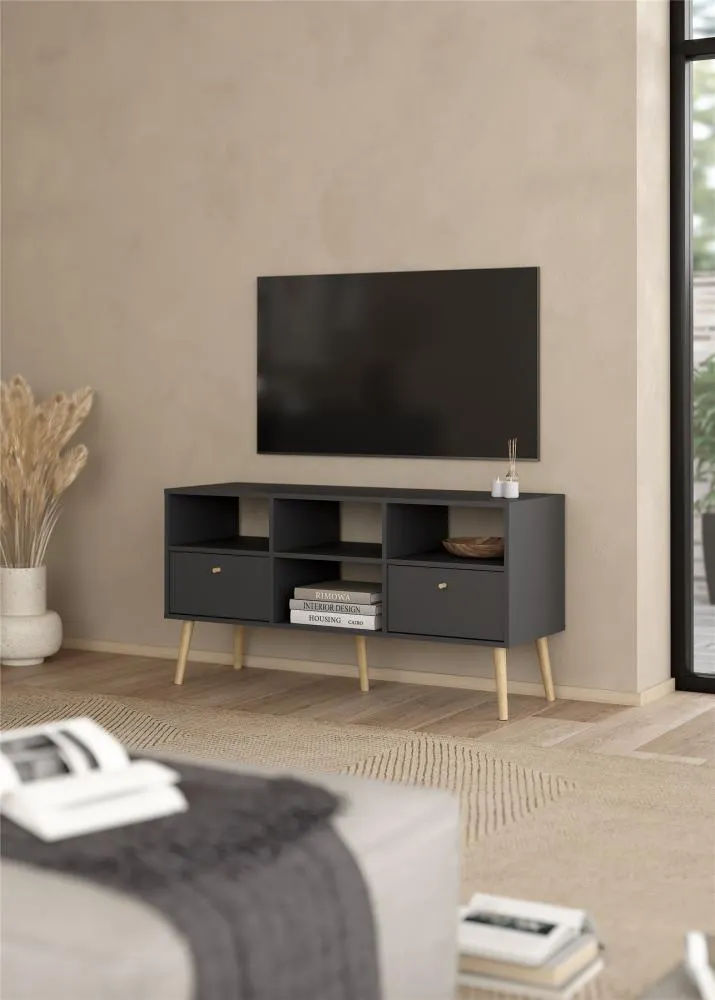 tv stand, media console, cabinet, wood legs, black gray