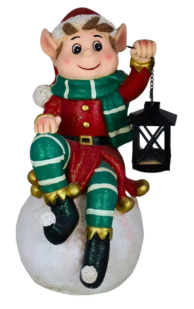 ELF ceramiczny SIEDZĄCY Z LATARNIĄ wielokolorowy