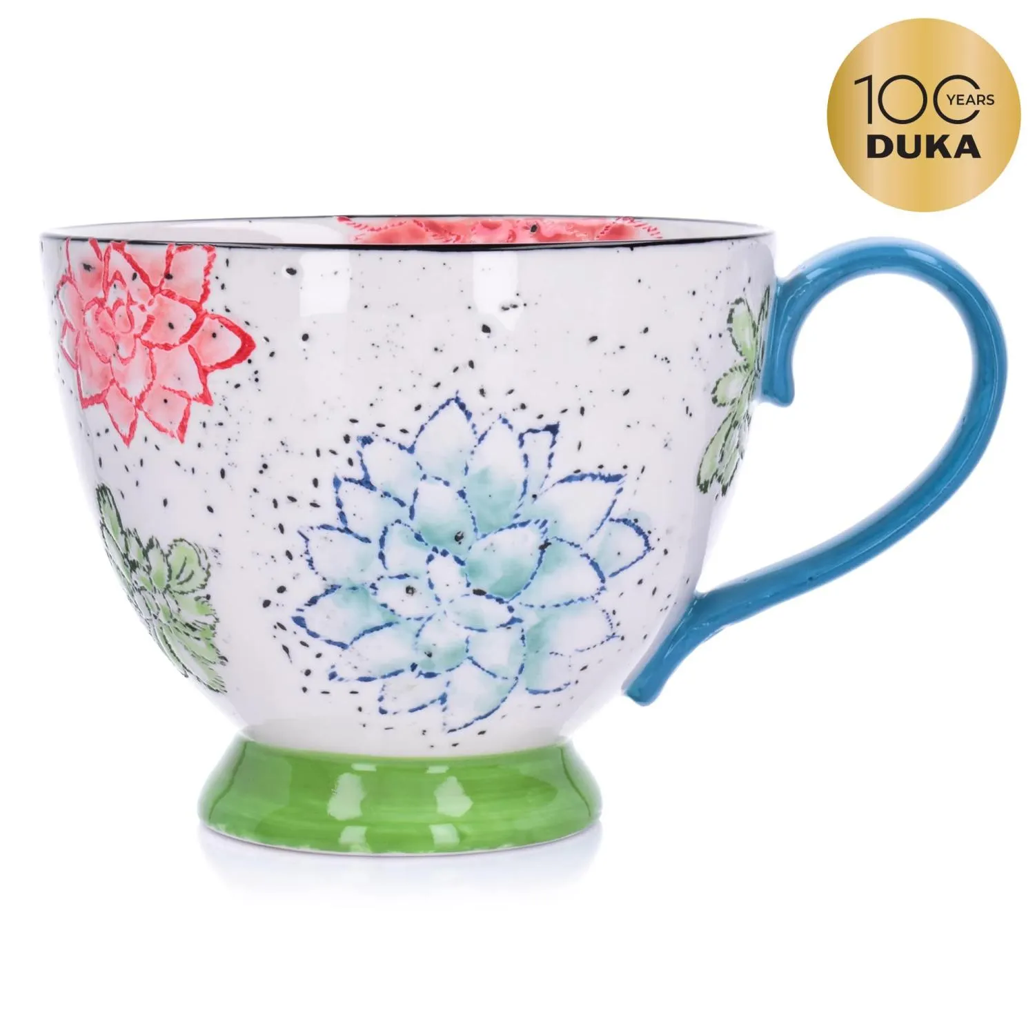 Kubek w kwiaty DUKA FLORIST 400 ml biały kamionkowy mug, ceramiczny, kwiatowy, dywanowy, niebieski uchwyt