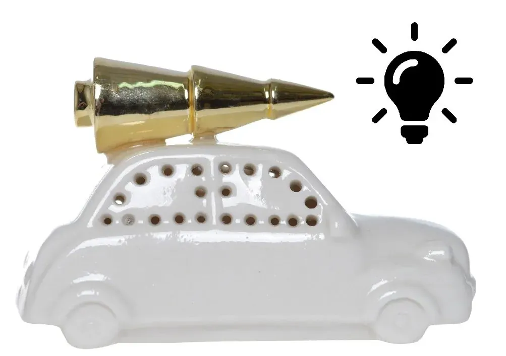 Porcelanowe AUTO Z CHOINKĄ NA DACHU podświetlane małe biało-złote Porcelanowe AUTO Z CHOINKĄ NA DACHU podświetlane małe biało-złote