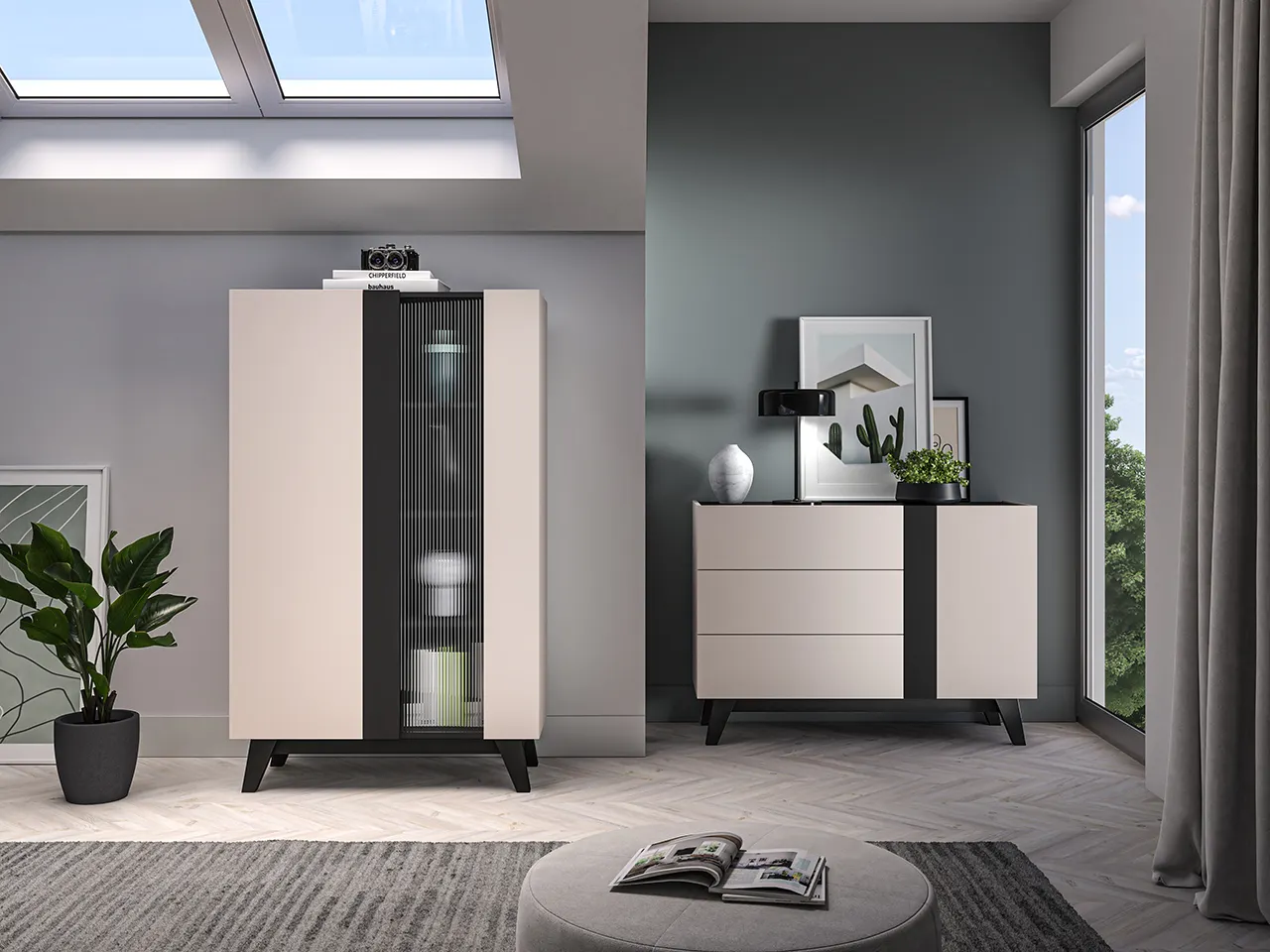 Witryna szklana 2-drzwiowa FRESHION 155 cm beżowo-czarna - 1FRES02-001