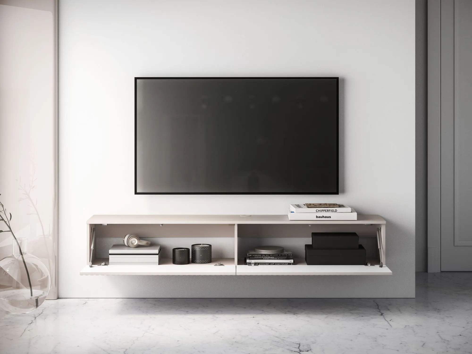 telewizor, telewizor na ścianie, mebel RTV, szafka pod TV, czarny ekran