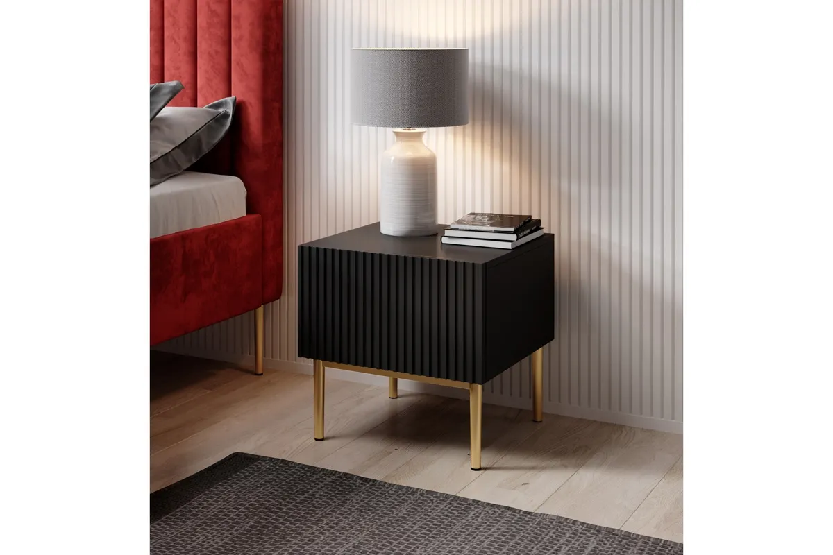 Szafka nocna z szufladą ( zestaw 2 szt. ) NICOLE 46 1SZ - czarny mat, złoty stelaż - B_52524