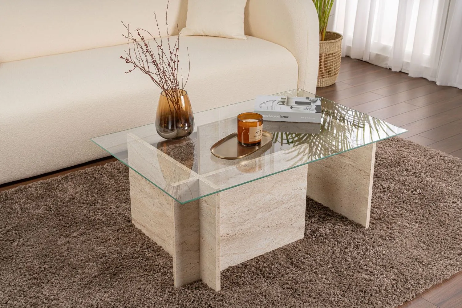 Stolik kawowy VETRINO 65x105 cm szkło hartowane trawertynowy beżowy