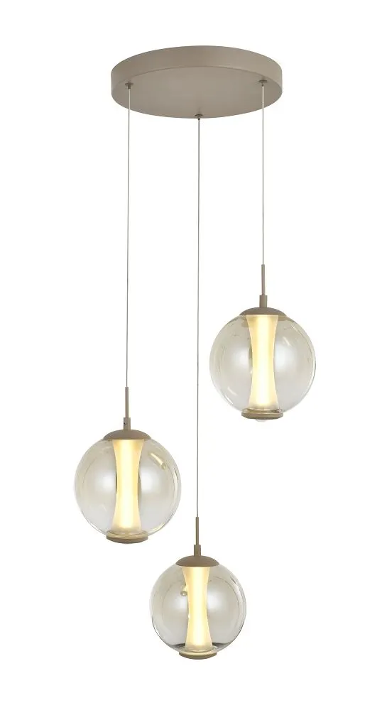 lampa wisząca, trzy źródła światła, kula szkła, metalowy/naturalny kolor, modny design
