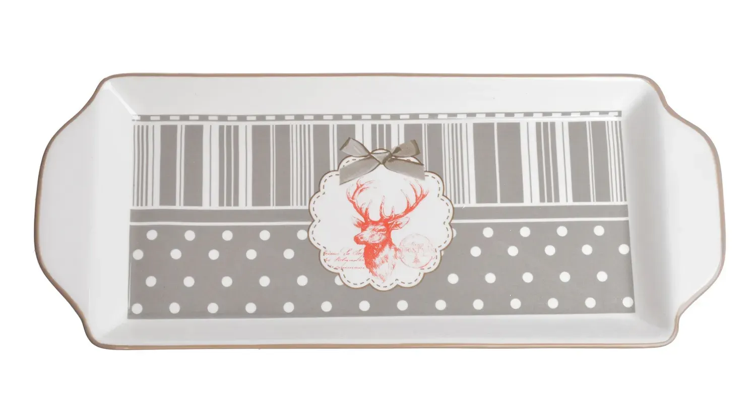 Talerz świąteczny podłużny na ciasto Z RENIFEREM biały szary