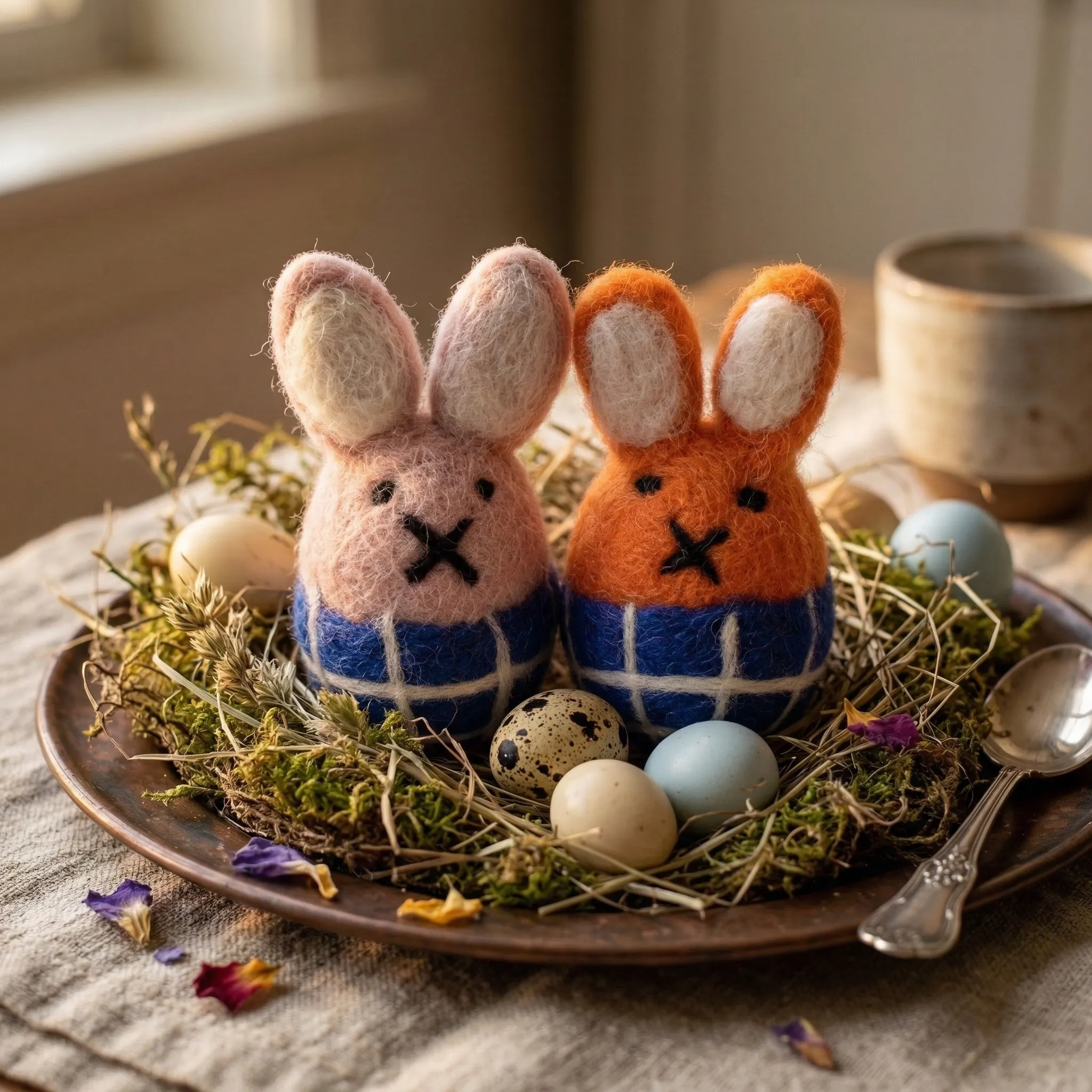filcowe zające, zające wielkanocne, jaja dekoracyjne, nist z mch, półmisek dekoracyjny