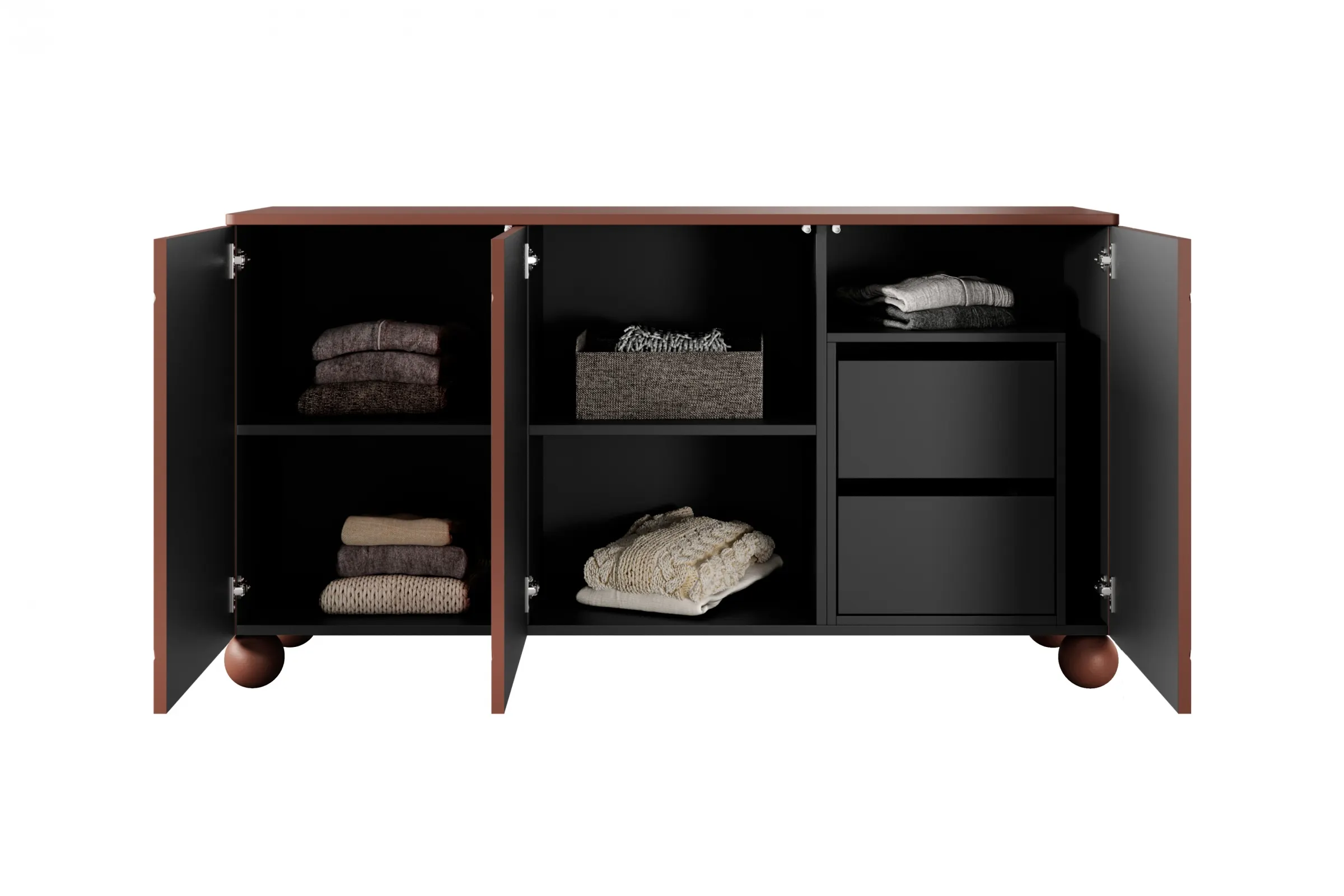 Komoda 3-drzwiowa z 2 szufladami SONATIA 150cm burgund nogi kule - B_157317