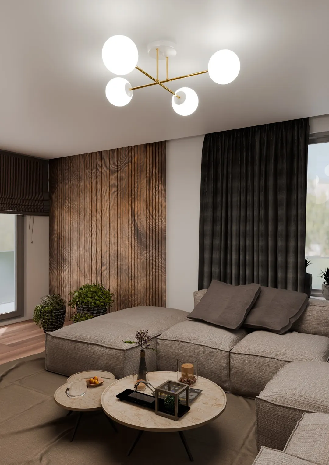 image sofa, salon, lampa sufitowa, miedziane elementy, tekstylia jasne