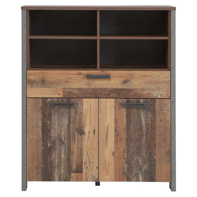 Regał niski CLIF 2-drzwiowy z szufladą - old wood vintage, beton - CLFK321-C546