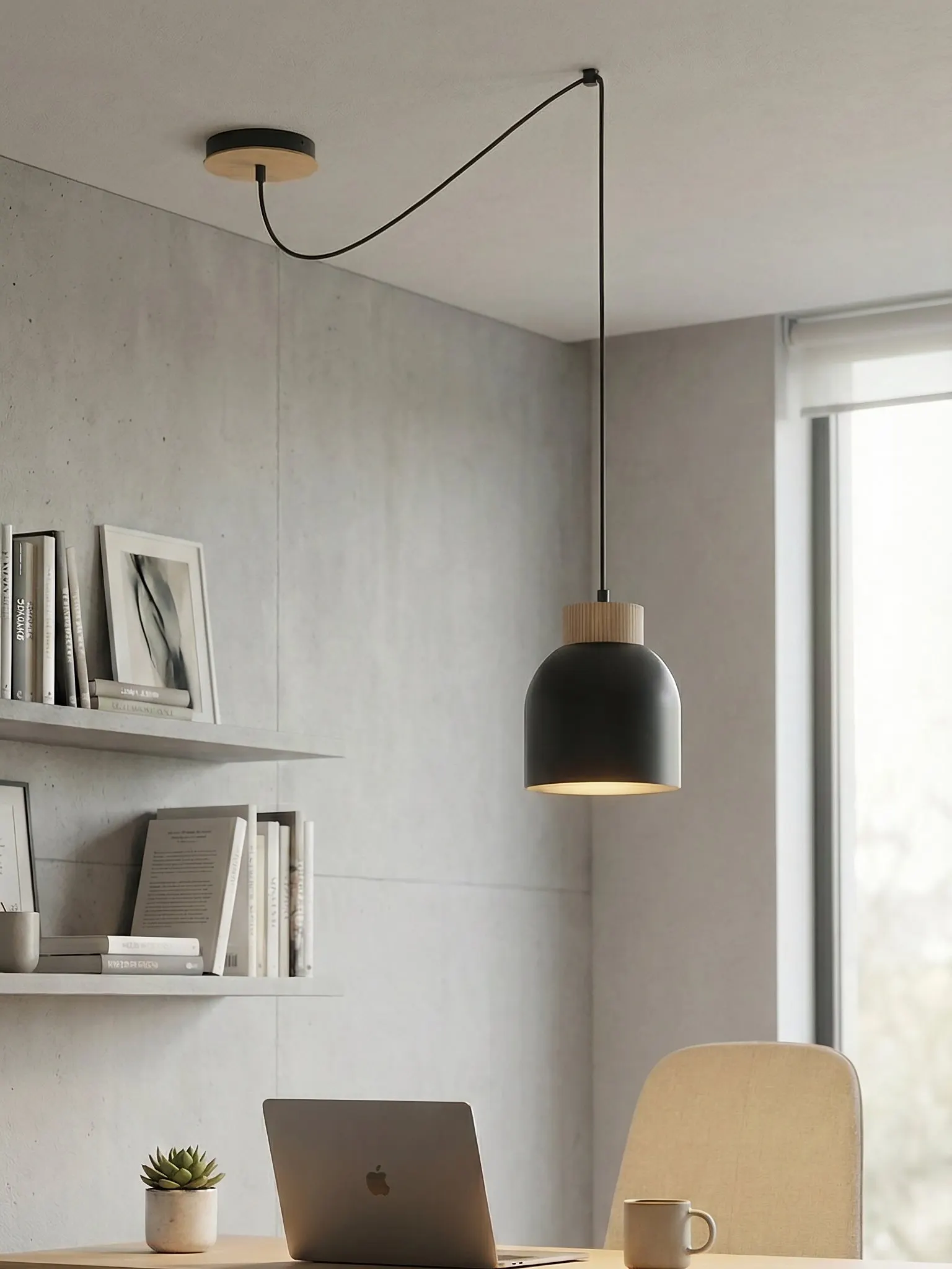 image lampa wisząca, kinkiet sufitowy, czarna lampa, metalowy abażur, biurko z laptopem