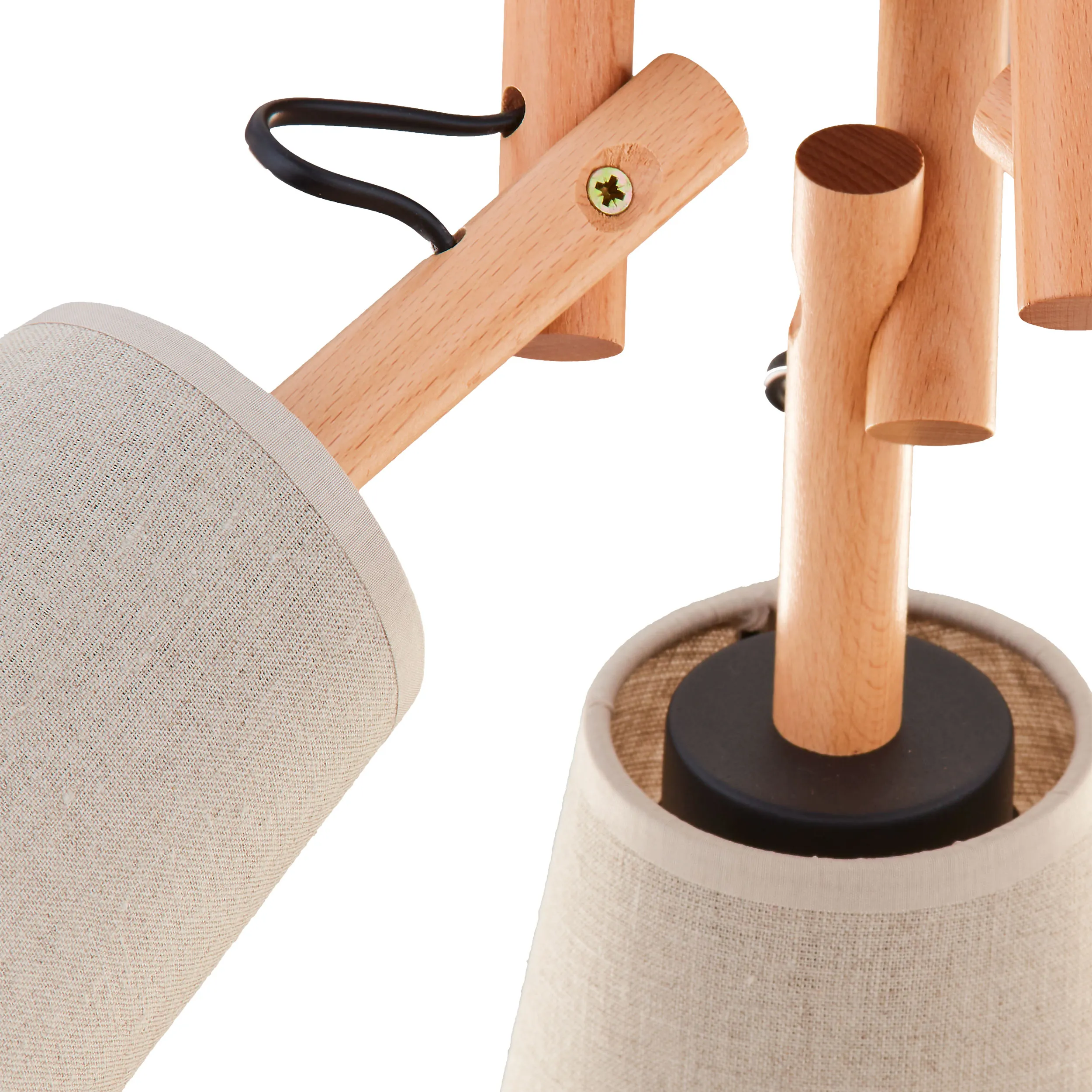 Lampa sufitowa VAIO NATURE brązowe klosze z tkaniny na drewnianych jasnych regulowanych ramionach na czarnej okrągłej podstawie 46x30cm - TK_574