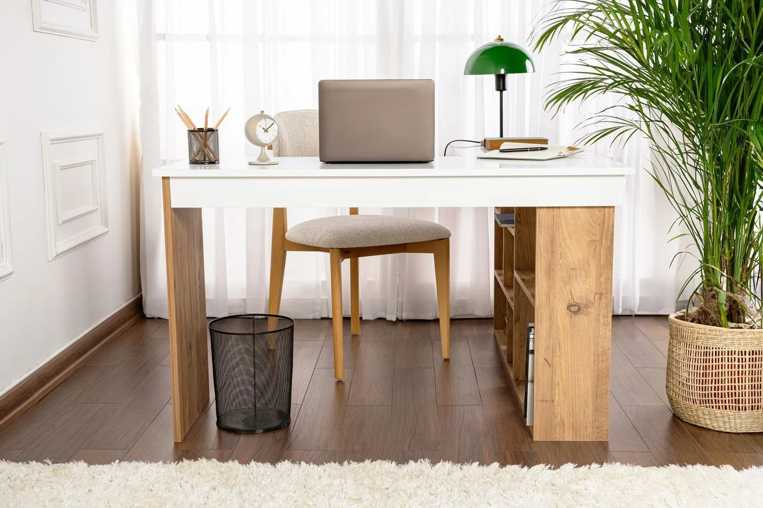 Biurko narożne z regałem VESPER 120x130 biały naturalny - ASI_241NRD1110