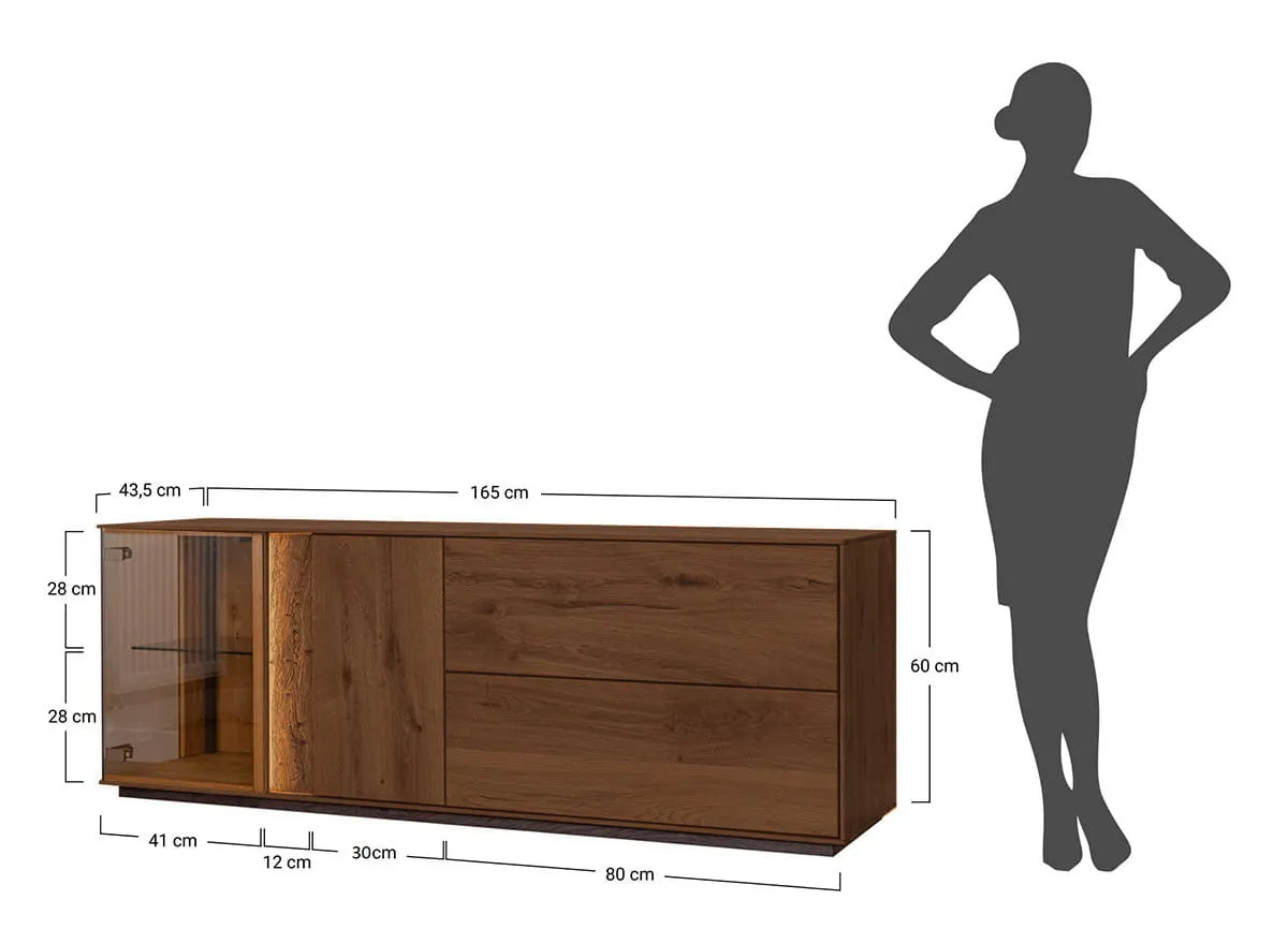 Komoda TV dębowa COLLODI z przeszkleniem i oświetleniem 165 cm - tabacco - ZICOL08T
