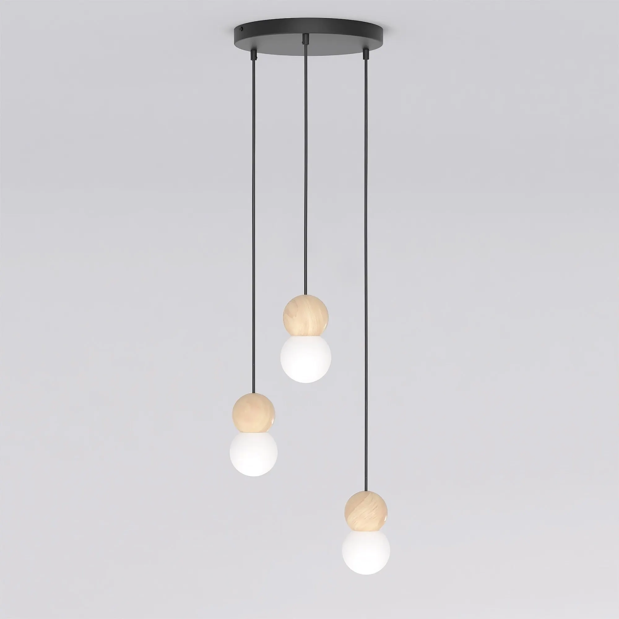 lampa wisząca, pendant light, kuleczki, drewniana gładka, czarna linka