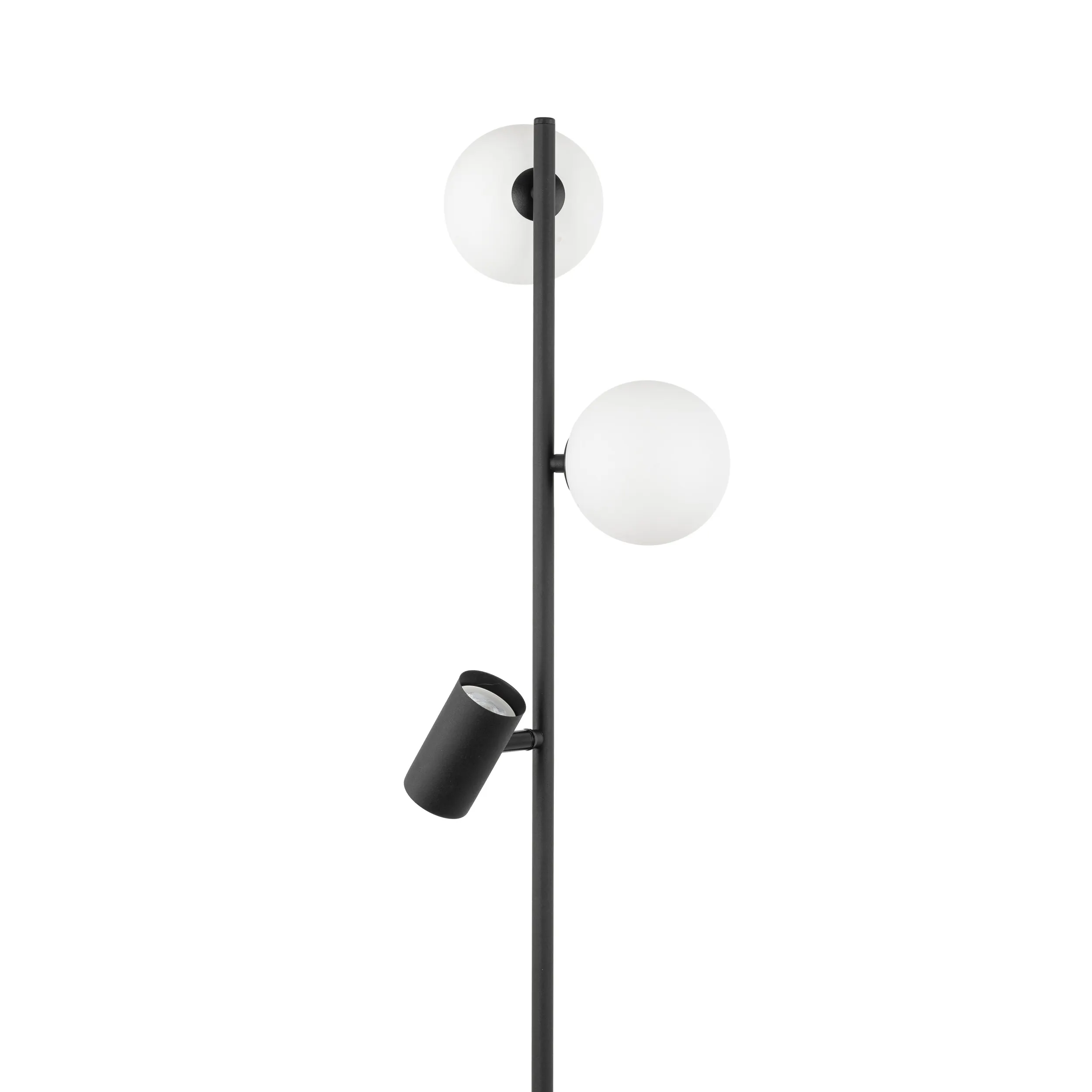 Lampa podłogowa VOX czarna z dwoma białymi okrągłymi szklanymi kloszami i lampką regulowaną do czytania z włącznikiem 172x30cm - TK_16063